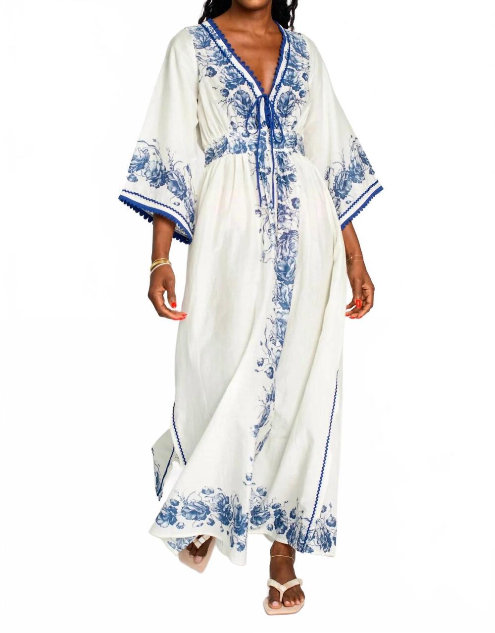 NEW ELIZABETH JAMES THE LABEL astrid caftan dress in navy tea rose